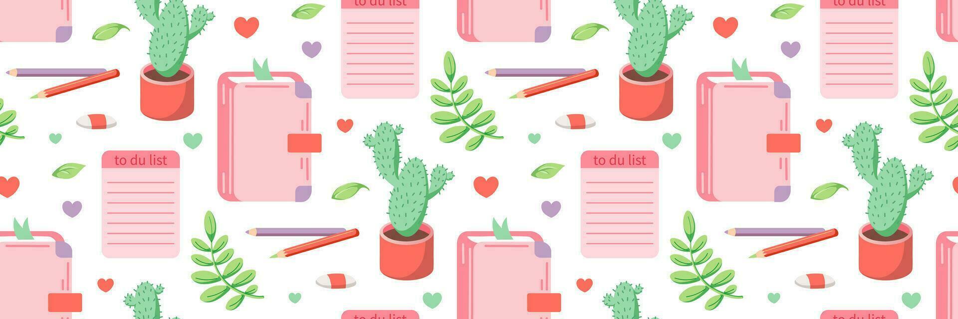 Diary of girl vector seamless pattern. Hand drawn stationery element set. Flat illustration. Pink color.