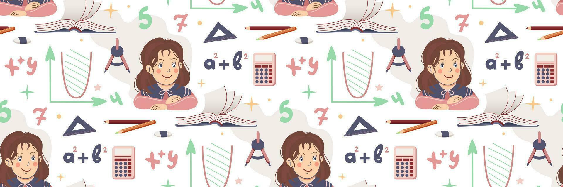 School vector seamless pattern. School stationery and different decoration elements. Back to school. Happy girl. Flat illustration.