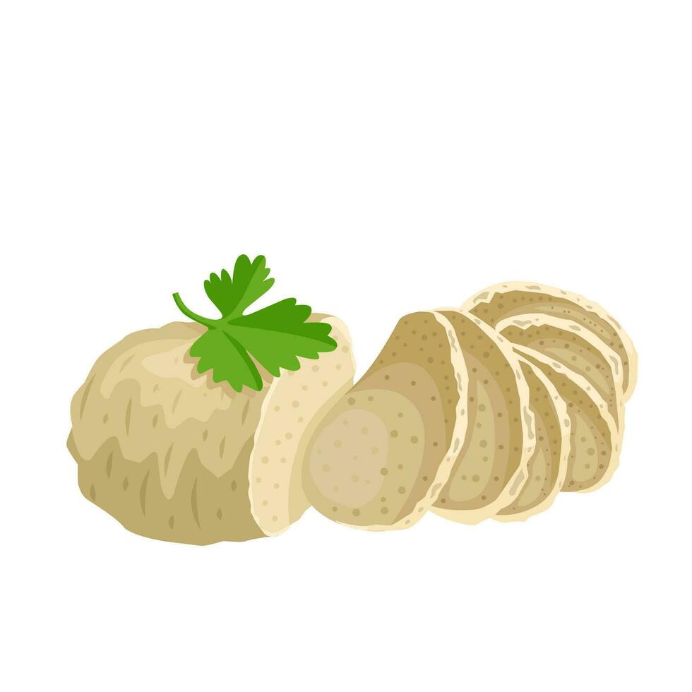 Vector illustration, seitan with sliced and garnished parsley leaves, isolated on white background.