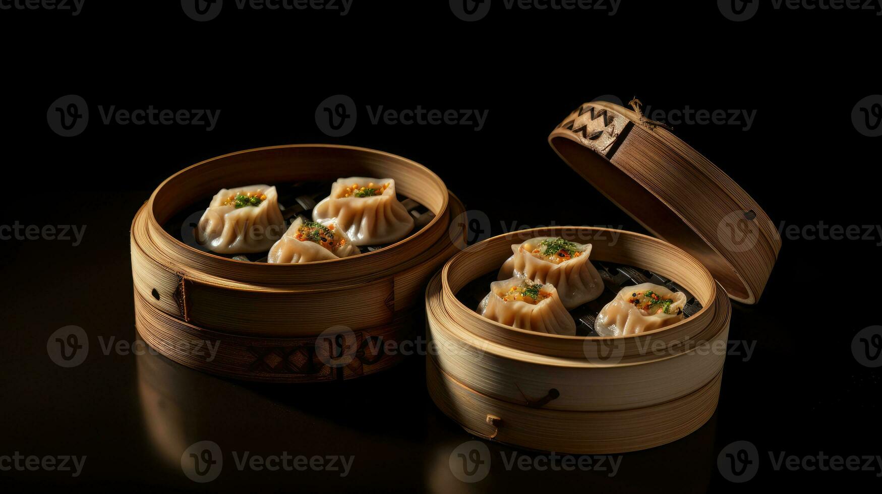 Bamboo container with chines dumplings Generative AI photo