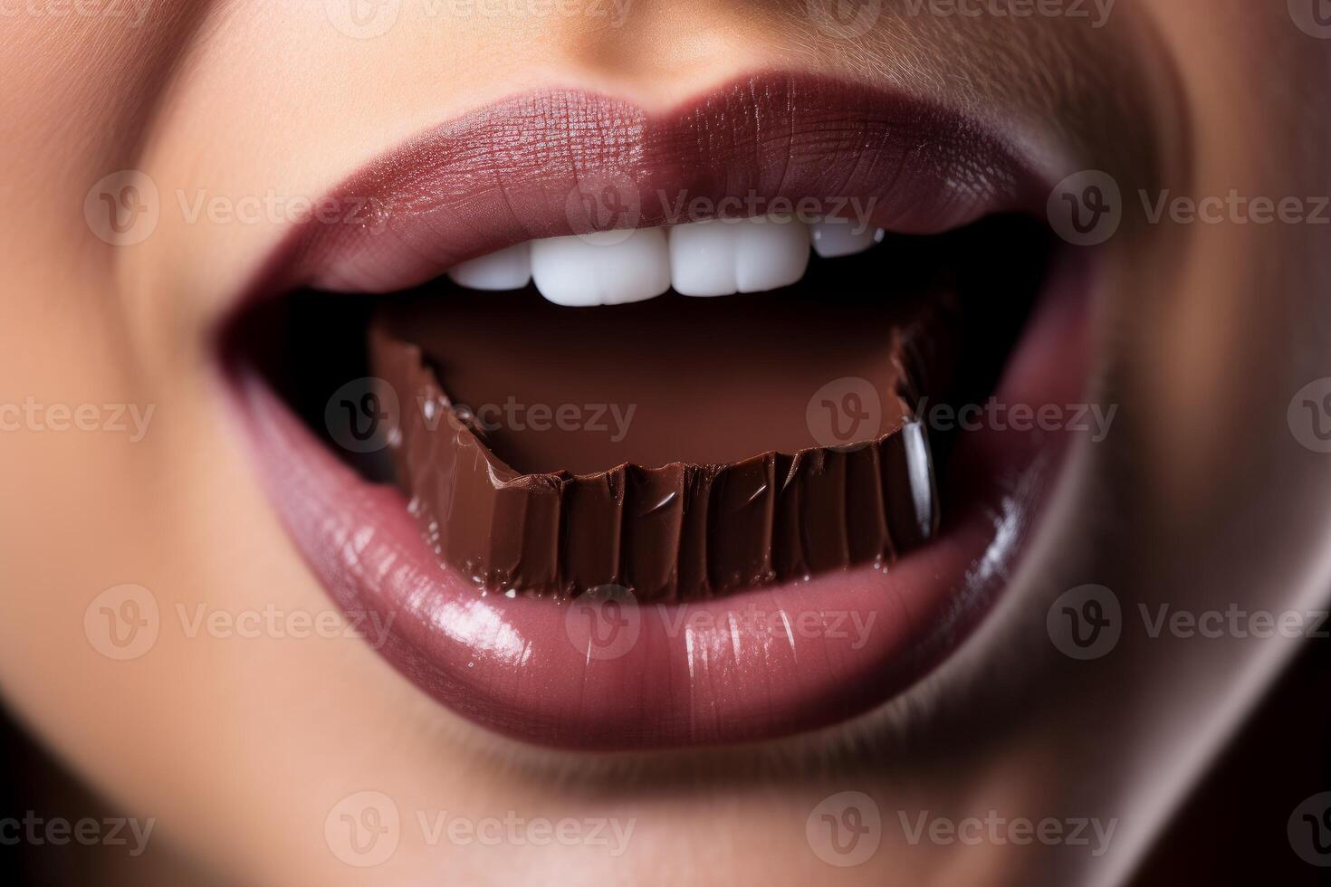 Female mouth eating chocolate tasty lips. Generate Ai photo