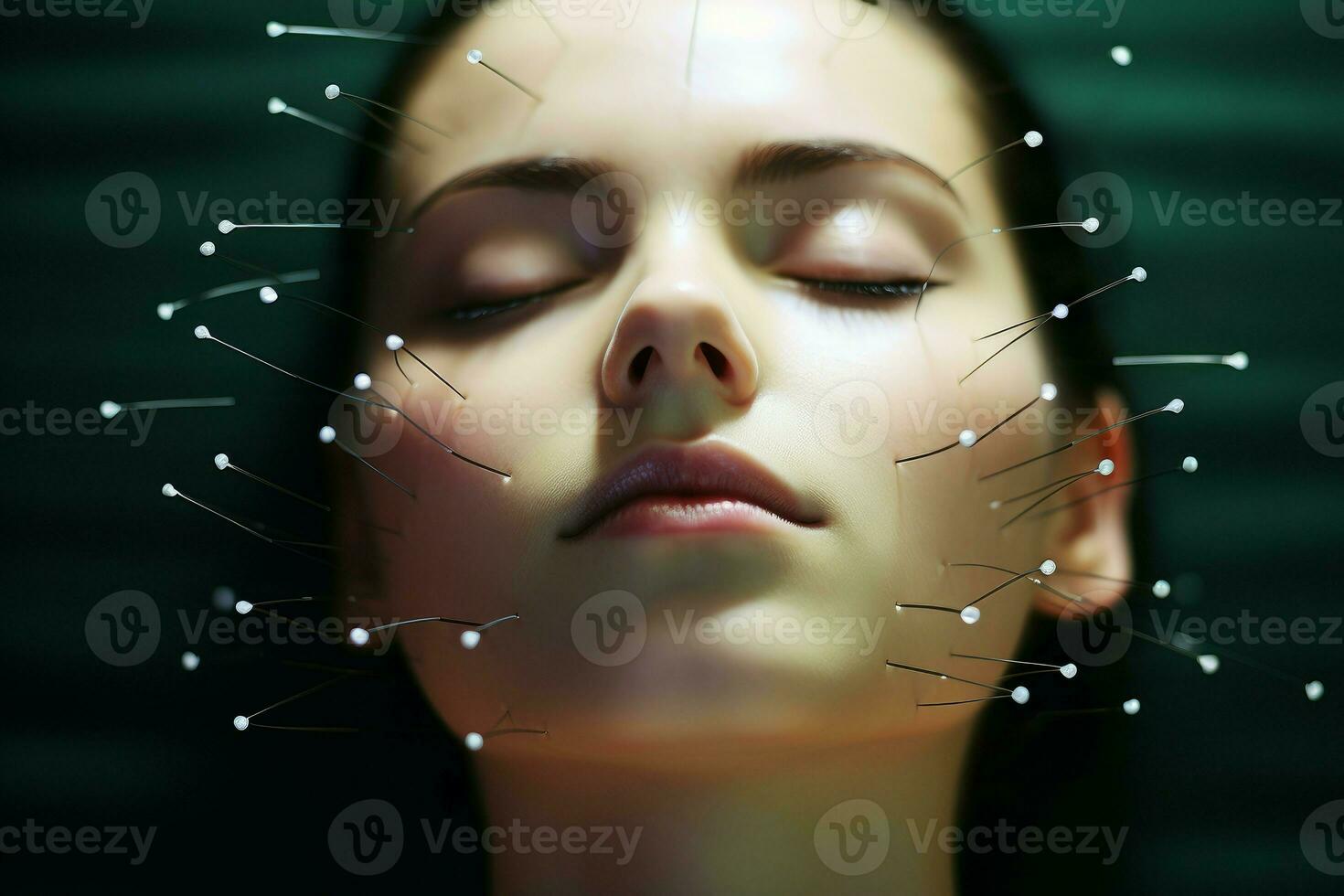 Young woman acupuncture face closeup. Generate Ai photo