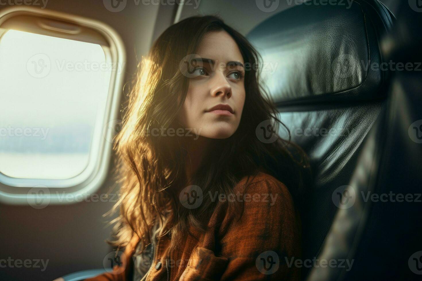 Woman passenger airplane window. Generate Ai photo