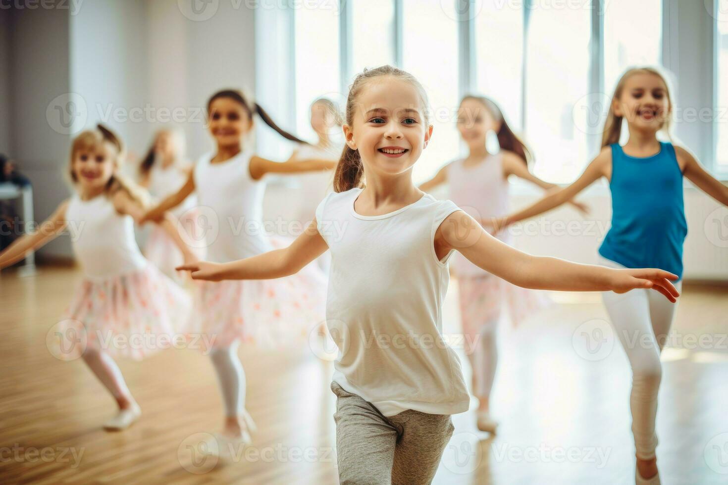 grupo de niños bailando en aula. generar ai foto