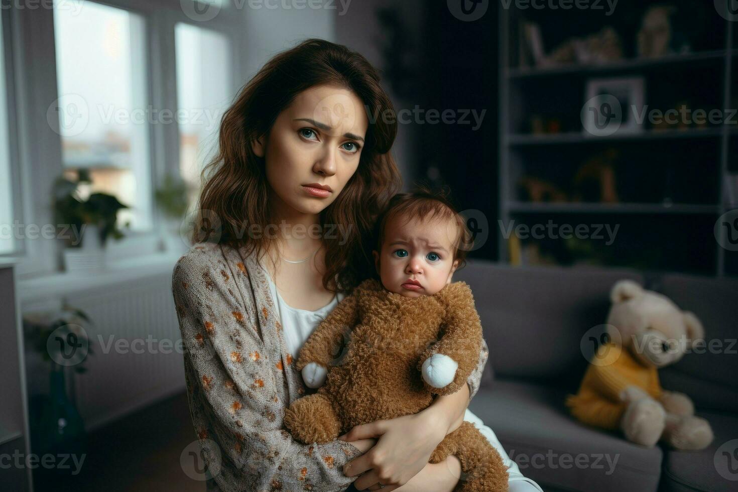 Deprimido mujer con linda triste bebé. generar ai foto