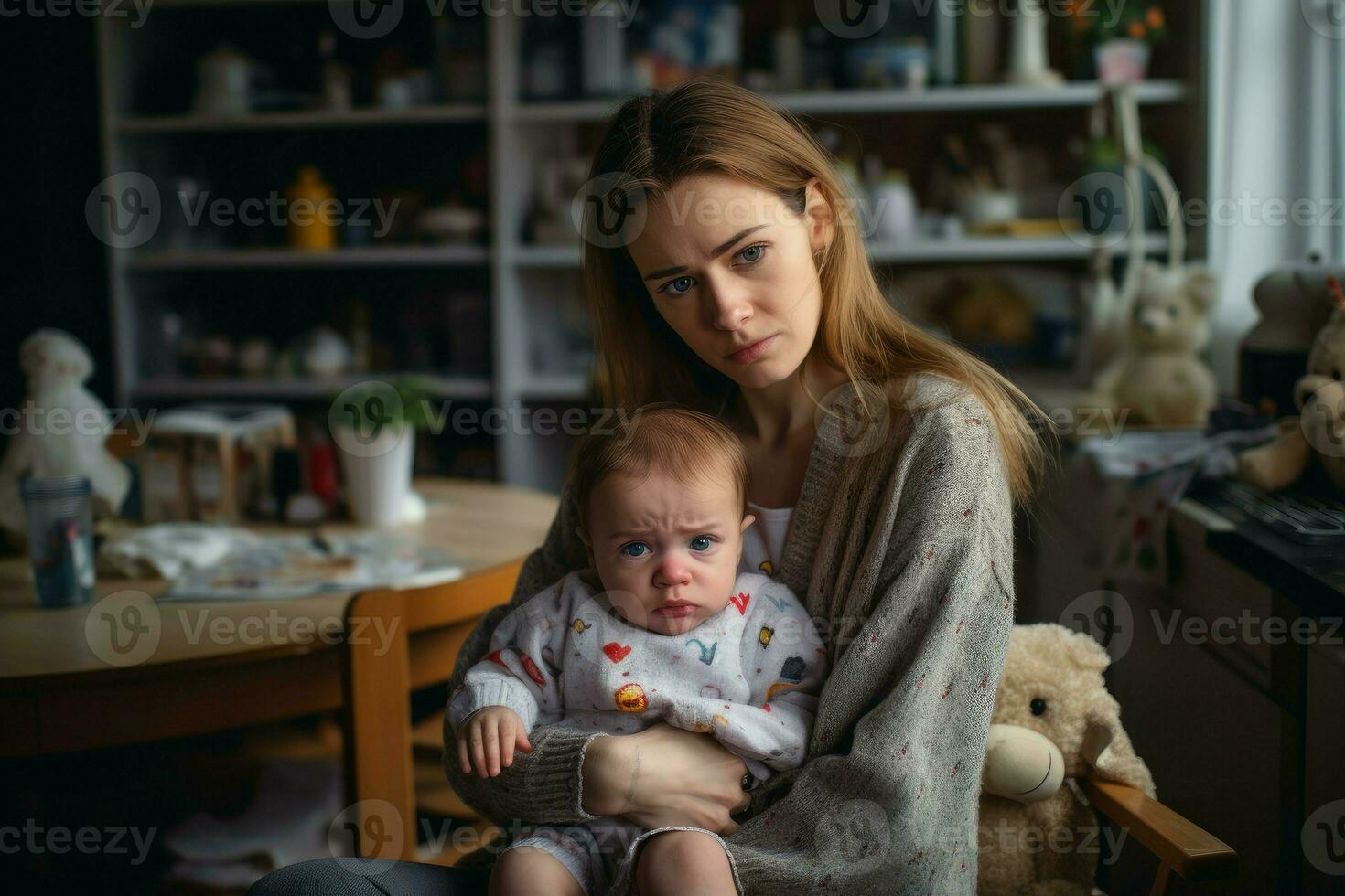 Deprimido joven mujer con linda bebé. generar ai foto
