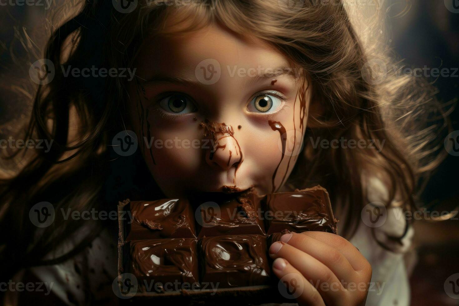 pequeño niña comiendo grande chocolate bar. generar ai foto