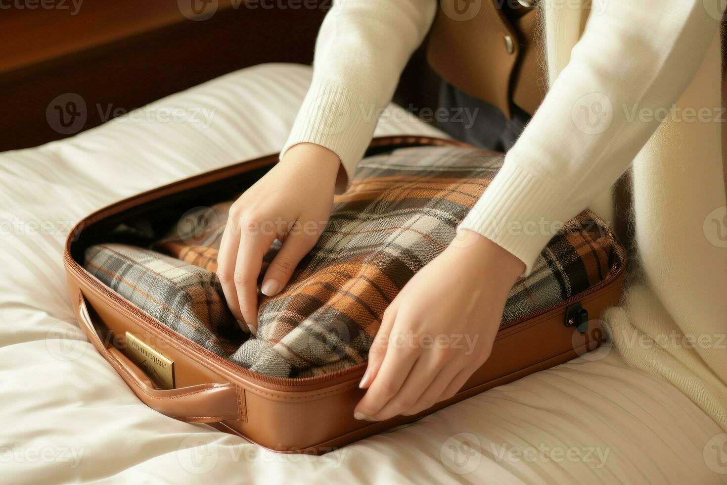 Female hands packing traveler case. Generate Ai photo