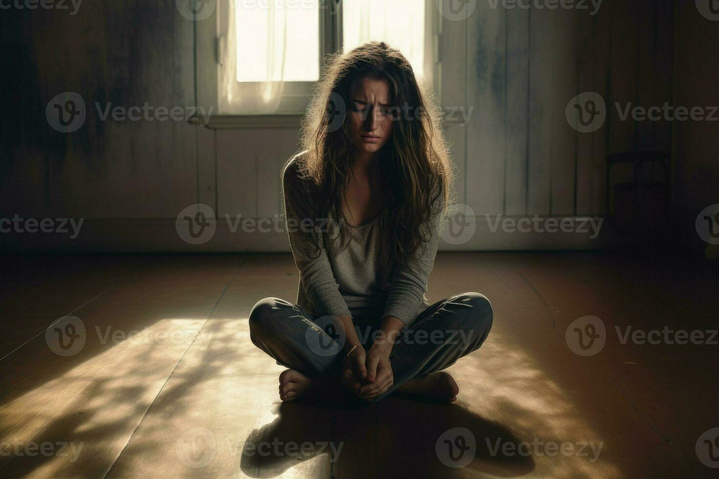 Depressed young woman at floor in morning. Generate Ai photo
