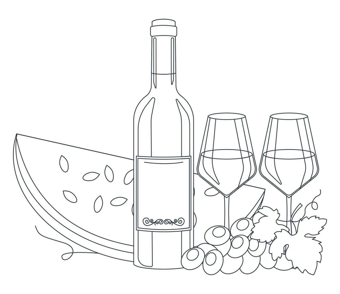 Bottle of wine, wine in glasses, watermelon and grape. Lineart, outline only. Vector graphic.