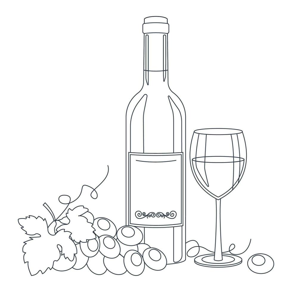 Bottle of wine, wine in glasses and grape. Lineart, outline only. Vector graphic.