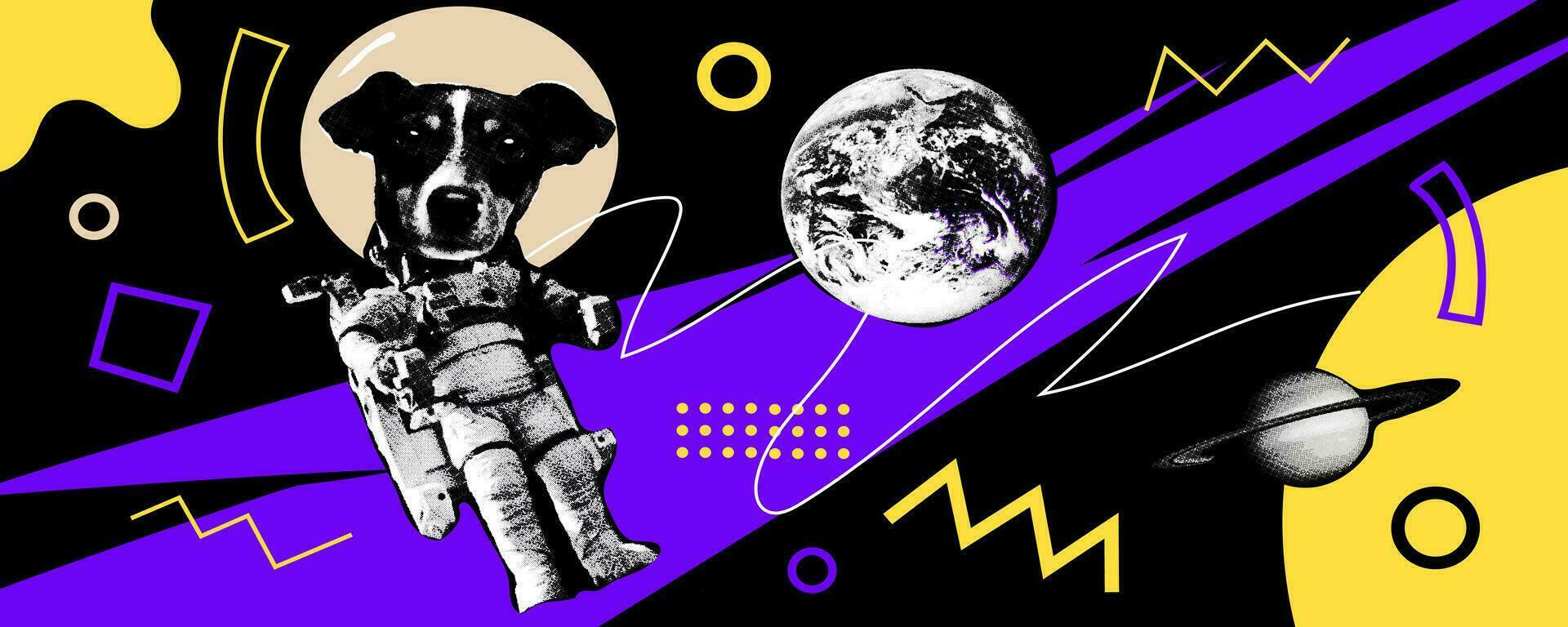 Collage design elements in trendy dotted pop art style. Retro halftone effect. Dog in space. Vector isolated elements. Print design, t-shirt print.