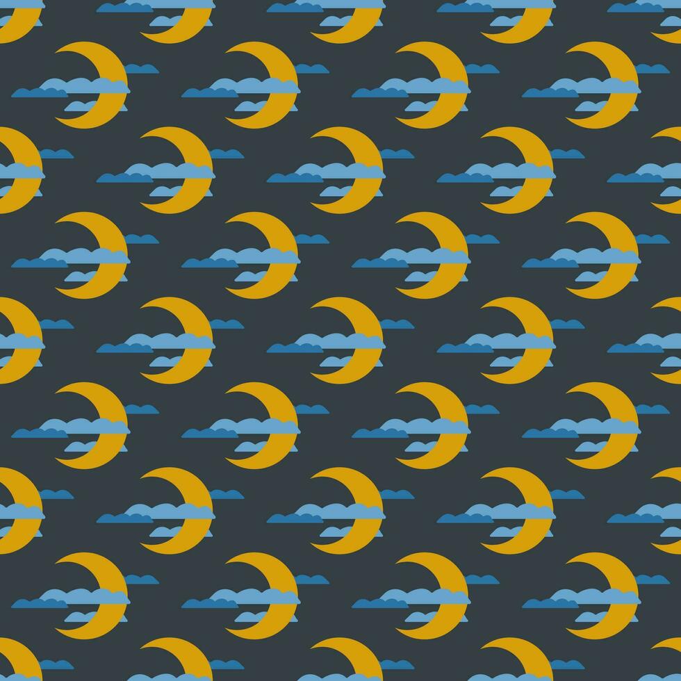 Seamless geometric pattern with golden moon and clouds on dark blue background. Vector print for fabric background, textile