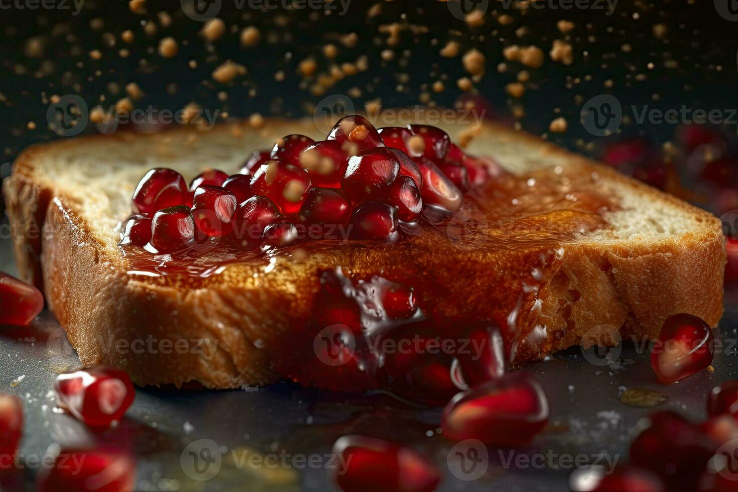 Pomegranate toast, macro shot of a fresh breakfast with Dripping Honey, AI Generated photo