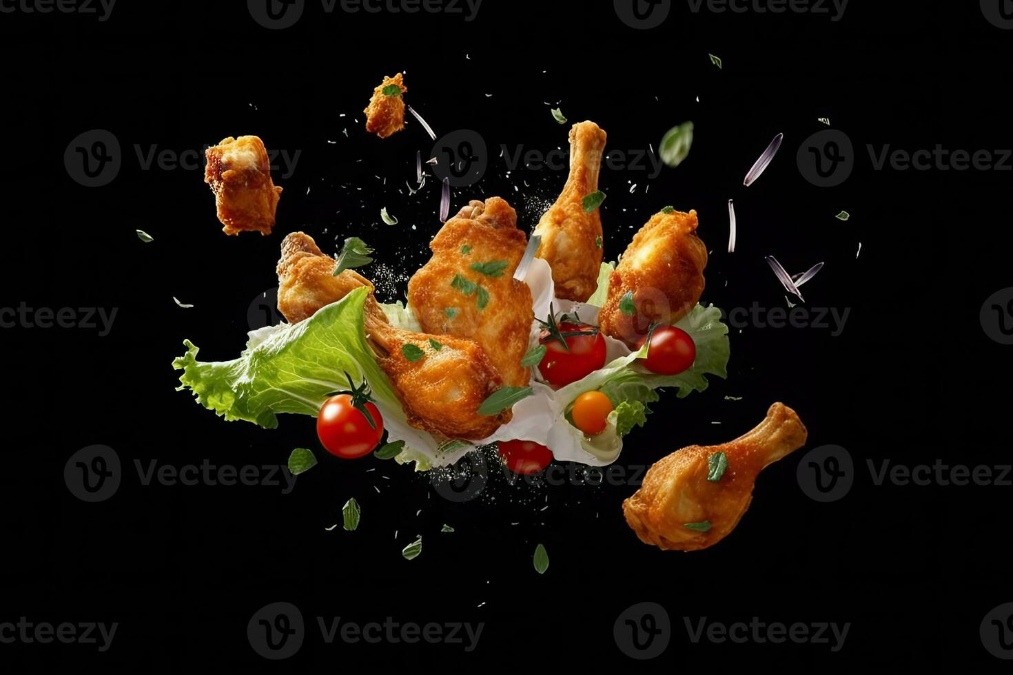 Flying elements of fried chicken with tomatoes and parsley, Generative AI photo