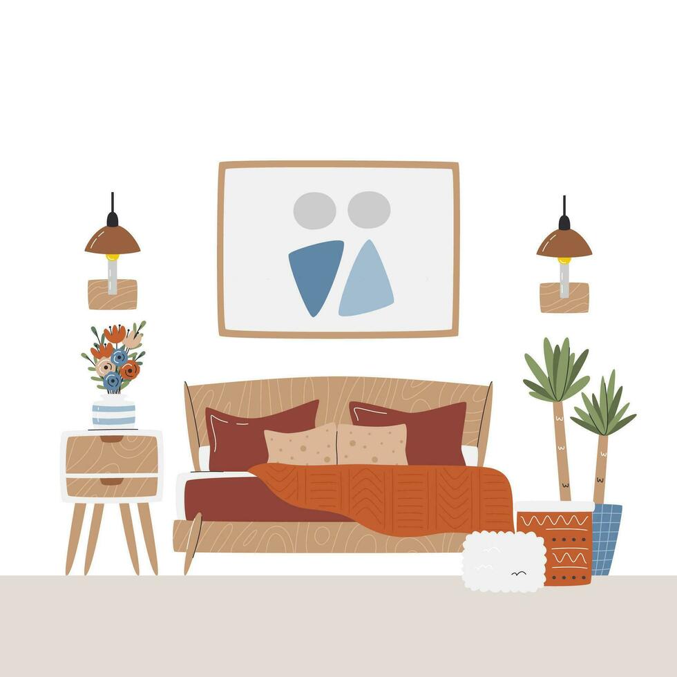 Couple bedroom with many cozy details. Lounge with master bed and nightstand. Residential home design.Indoor scene with a lot of fabrics. Comfy hotel room interior hand drawn flat vector illustration