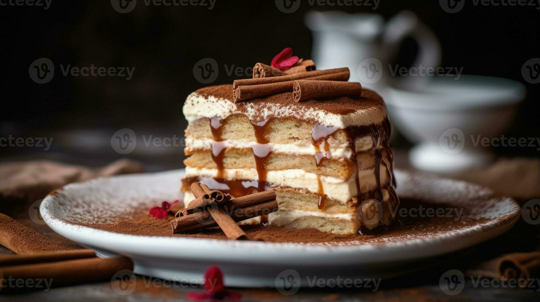 A closeup magazine quality shot of a beautifully layered tiramisu with creamy mascarpone and dusted cocoa  AI Generated photo