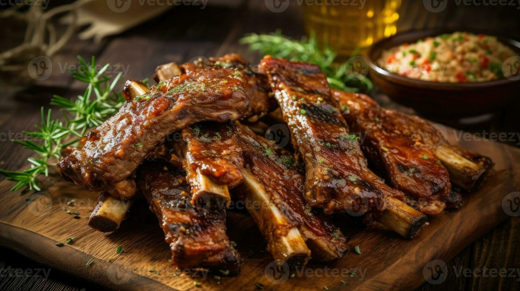 Succulent tender Lamb ribs marinated in a savory blend of spices, AI Generated photo