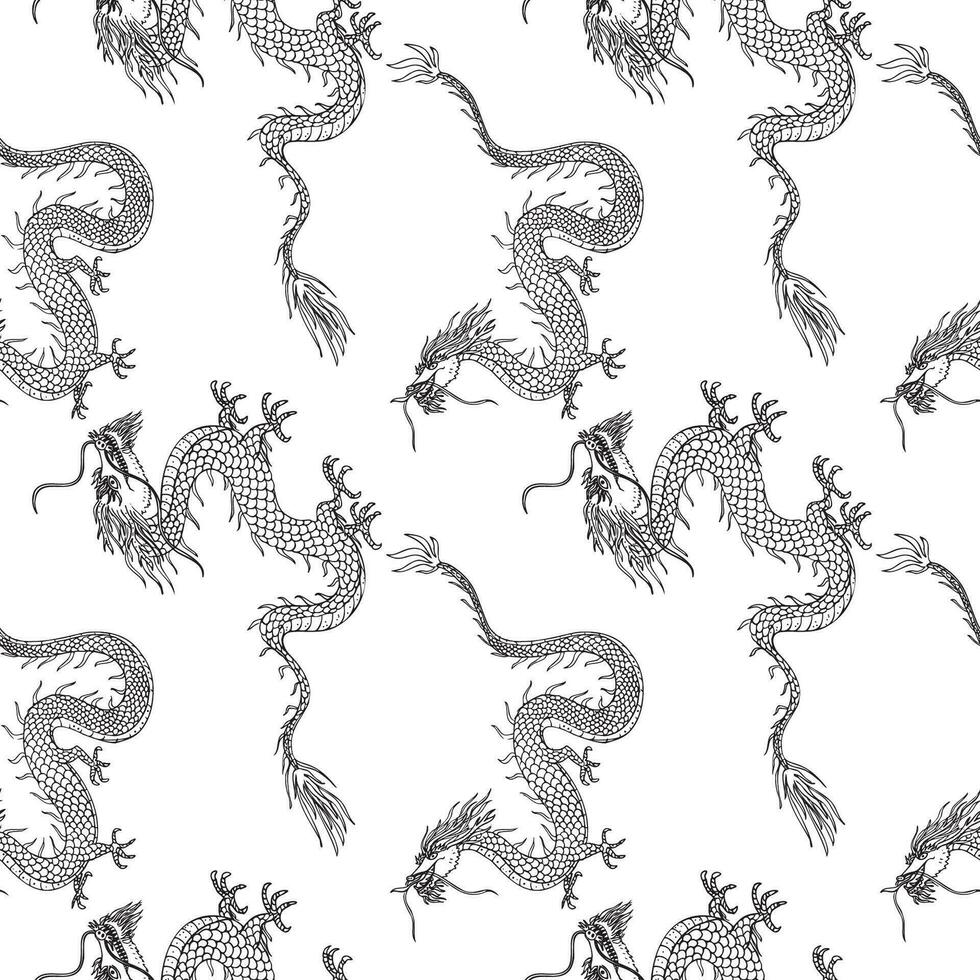 Dragons seamless pattern repeating background east ornament. Hand drawn animals vector illustration, decorative asian element for print, textile,wrapping, poster, template, card, packaging, design