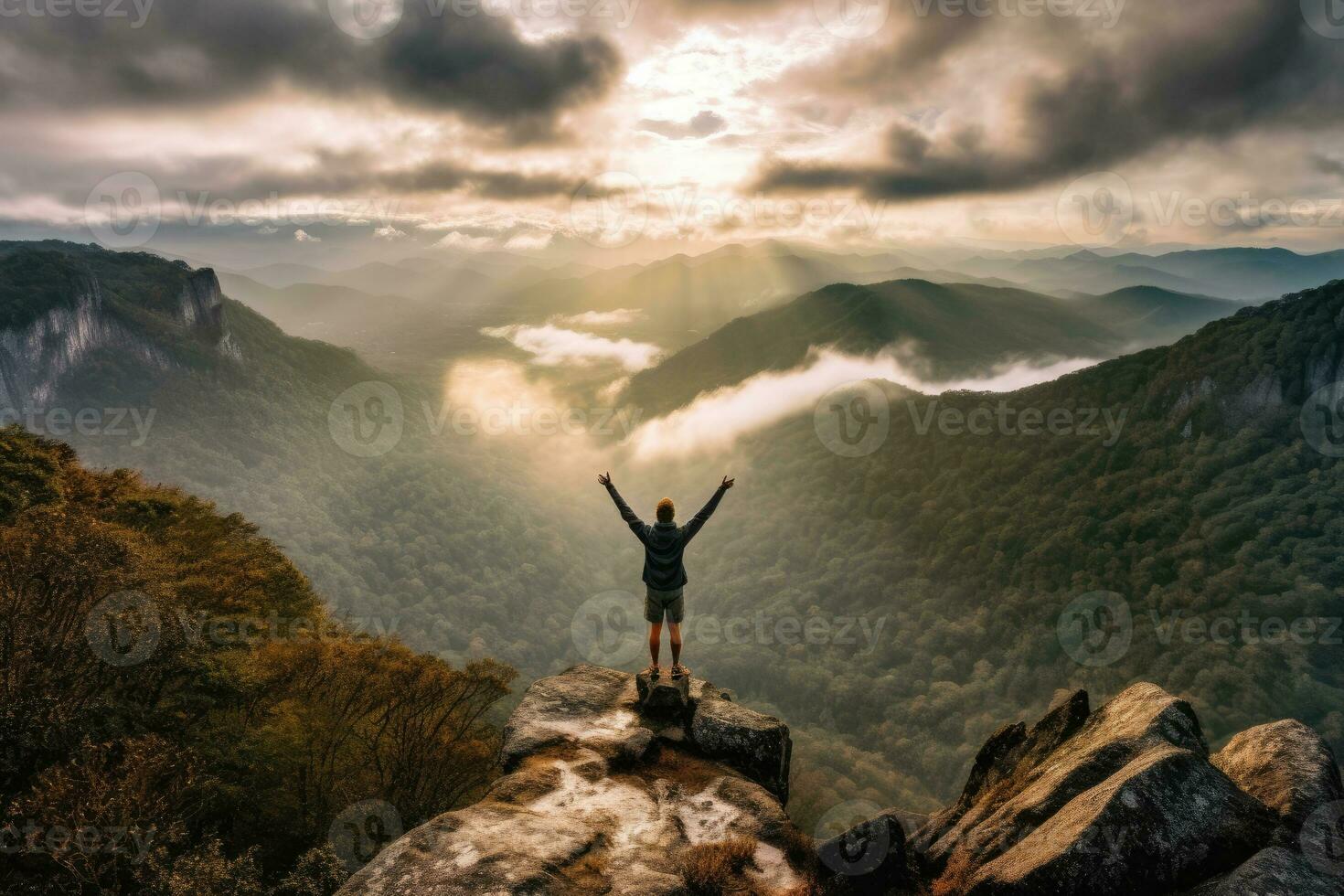 An inspiring shot of a hiker standing on a mountain top Generative AI photo