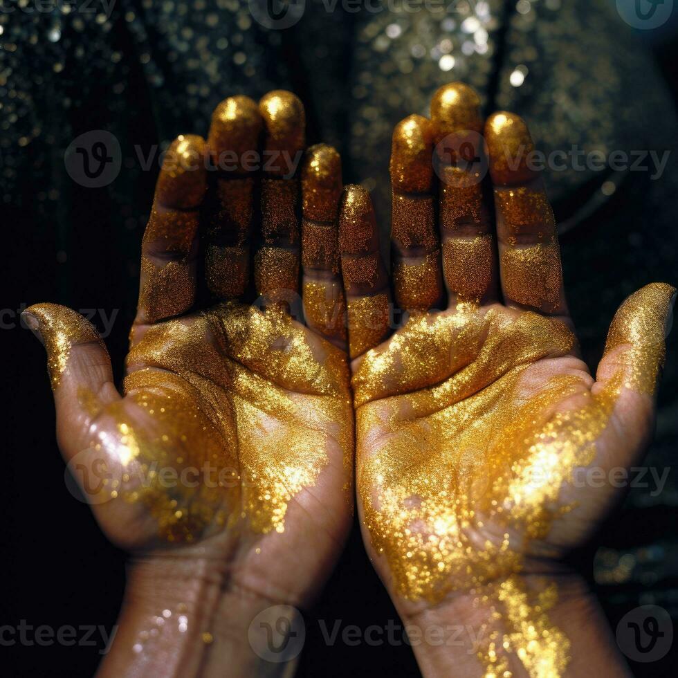 Hands dipped in gold glitter, drenched in gold gitter, AI Generated photo