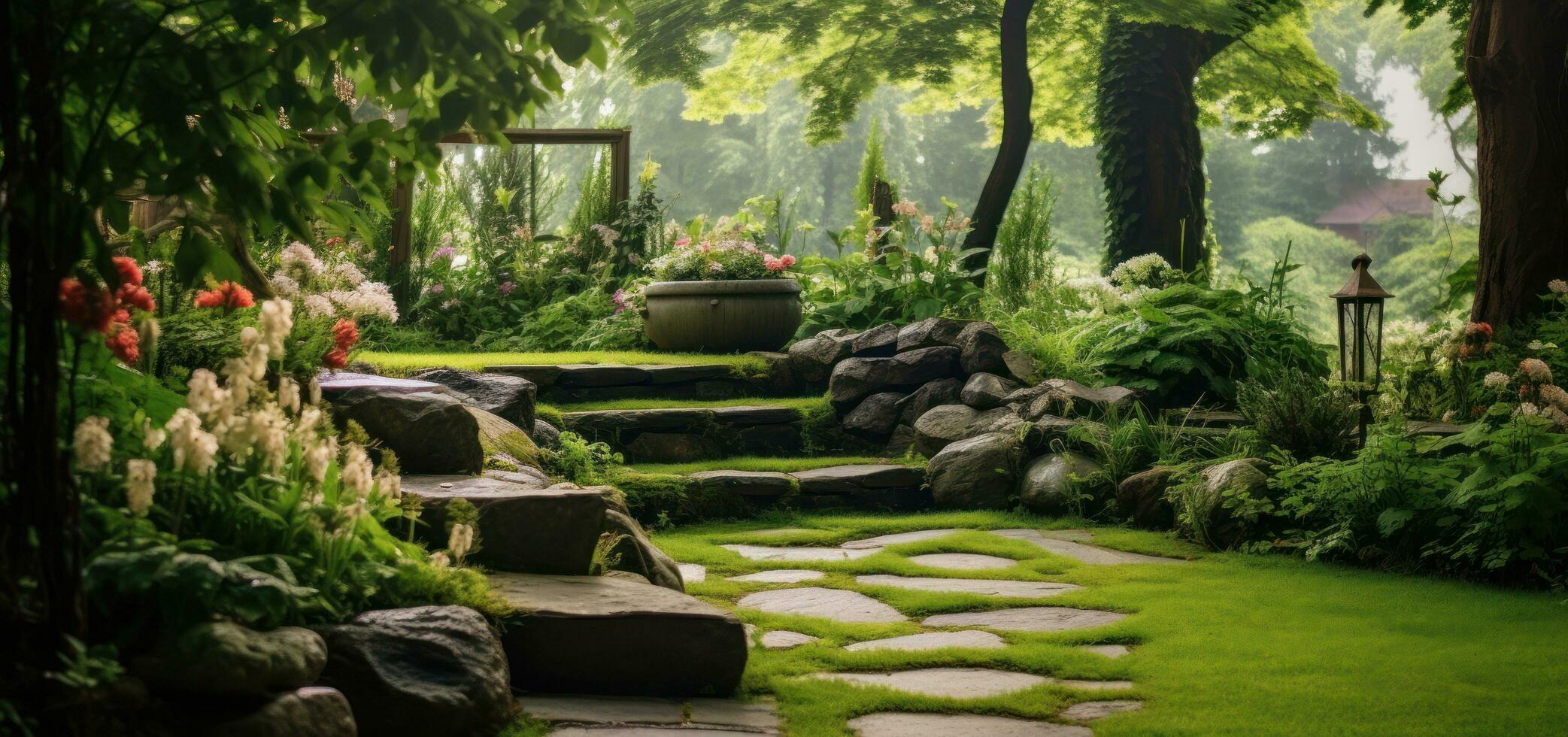 A small garden scene with lawn, trees, and steps photo