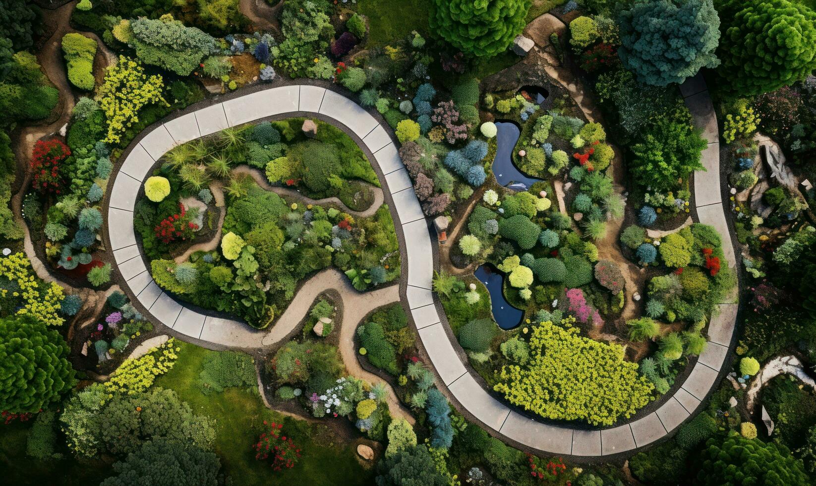 Aerial drone view from the top of a garden path photo