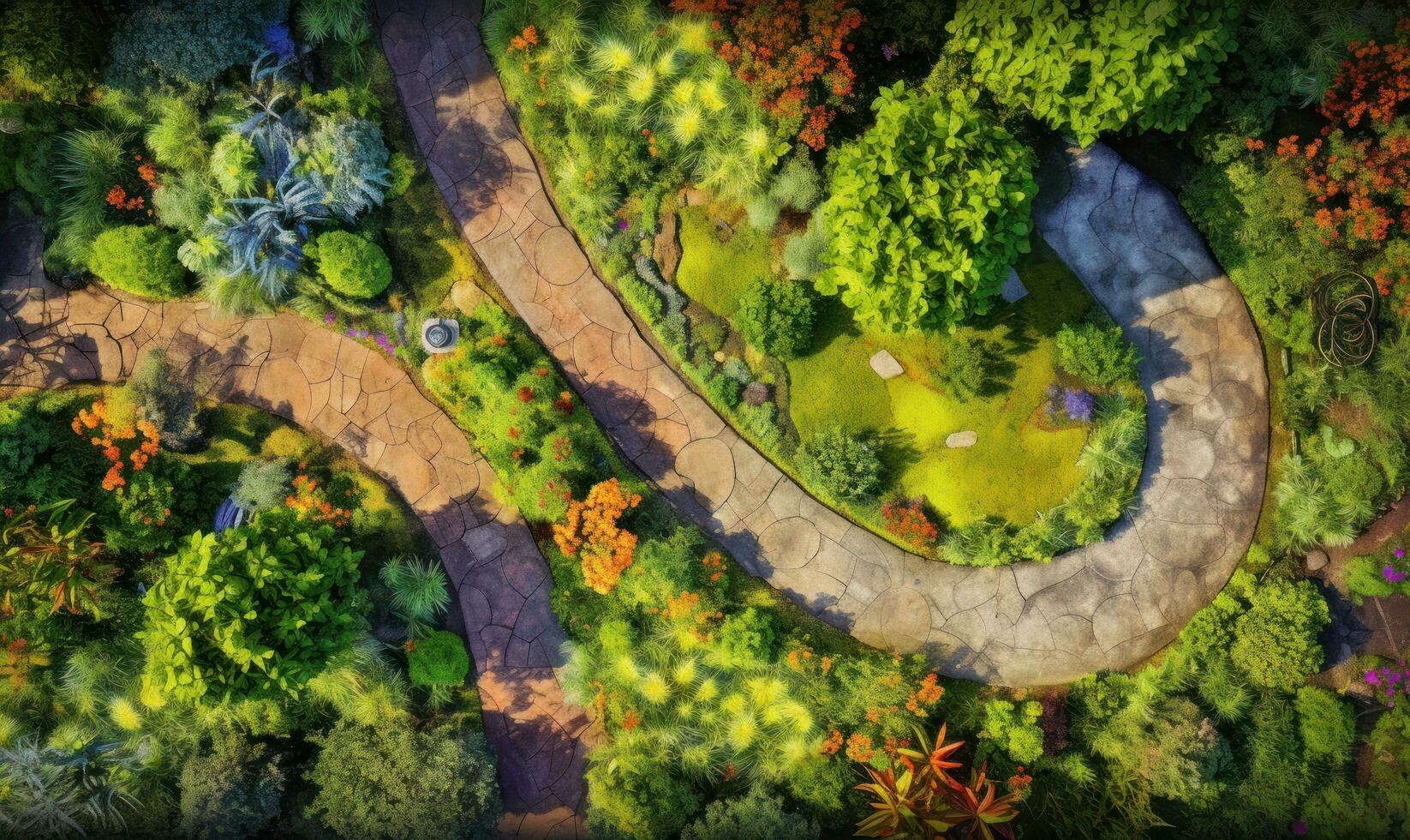 Aerial drone view from the top of a garden path photo