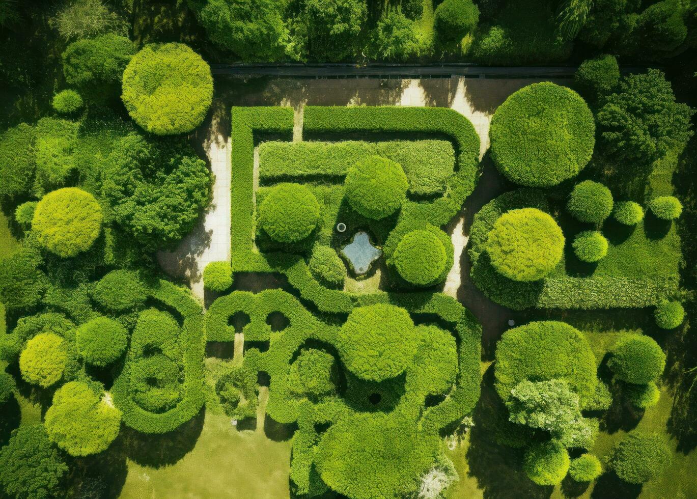 Aerial drone view from the top of a garden path photo