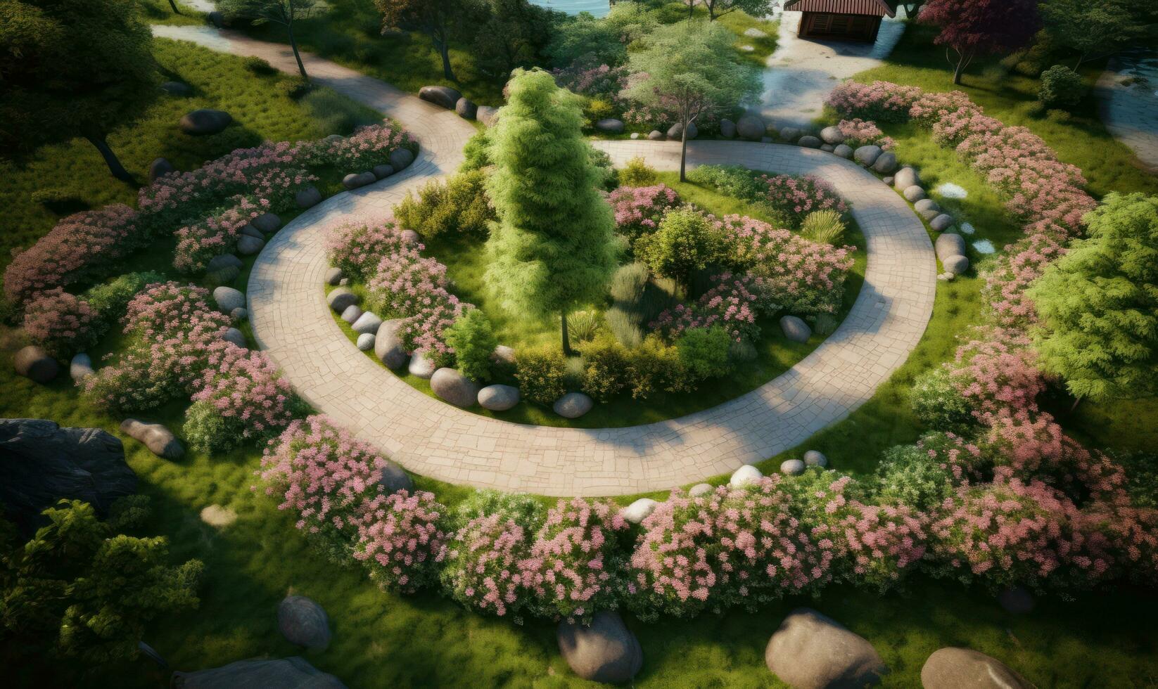 Aerial drone view from the top of a garden path photo