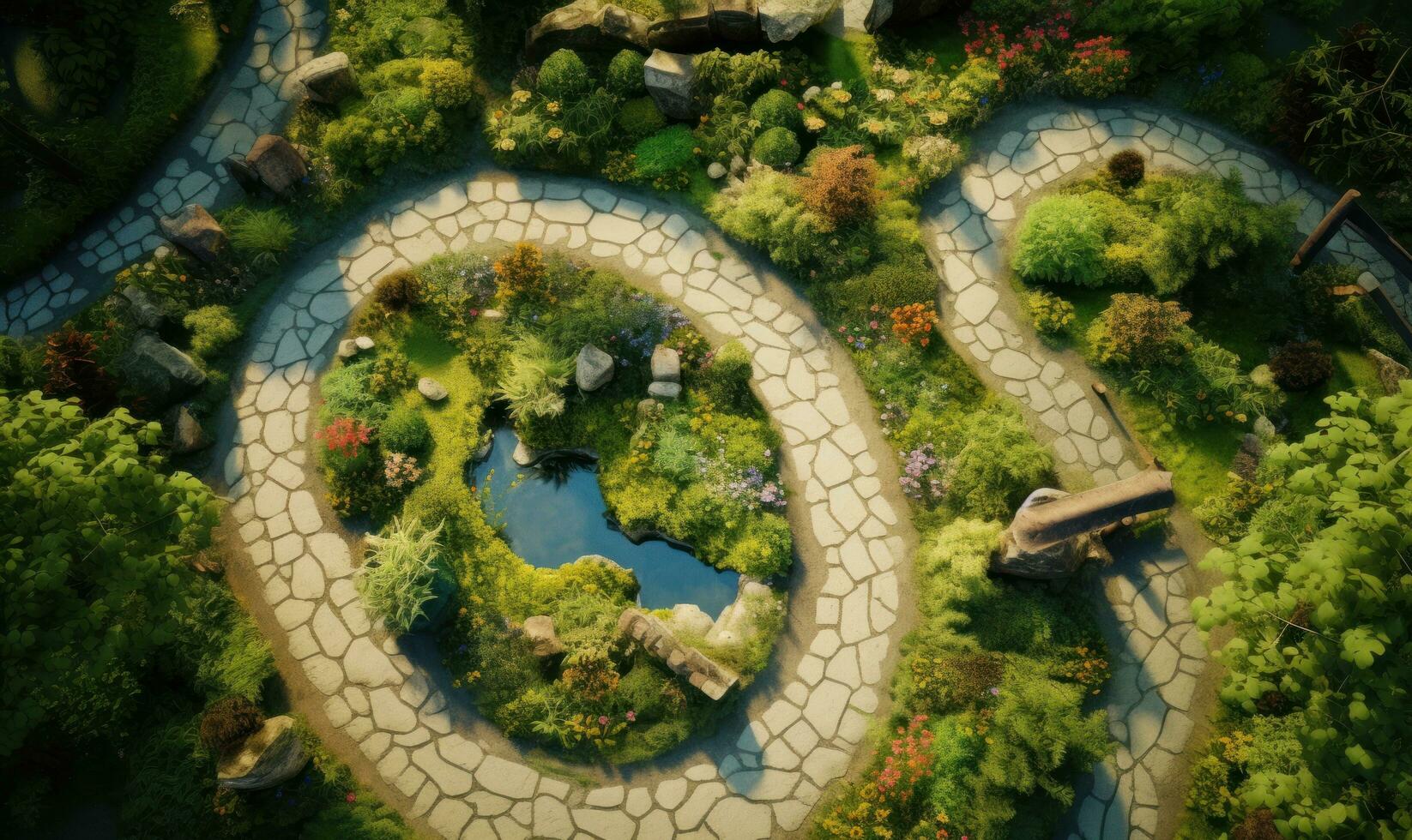 Aerial drone view from the top of a garden path photo