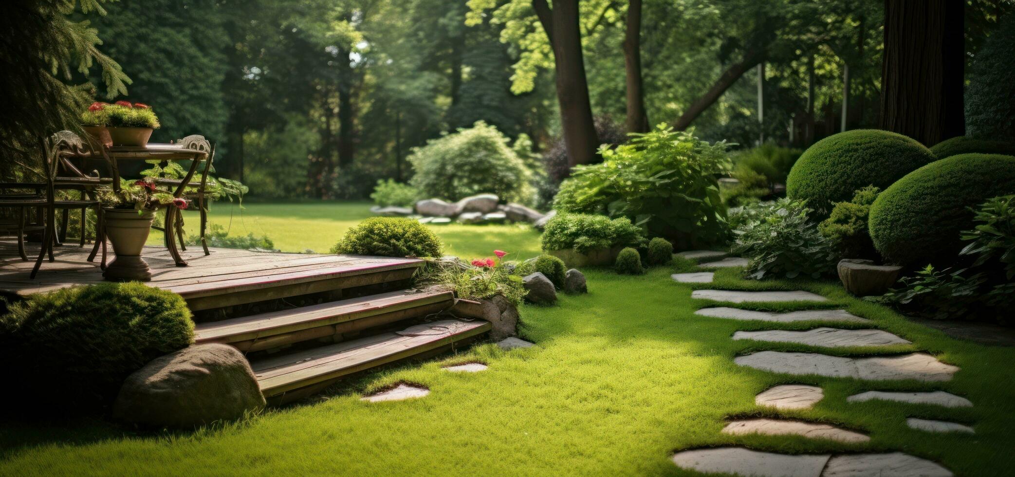 A small garden scene with lawn, trees, and steps photo