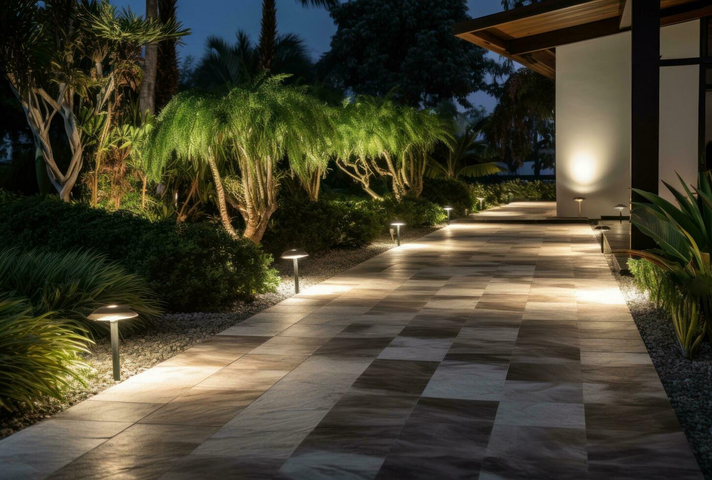 A lawn with garden lighting illuminating a walkway photo