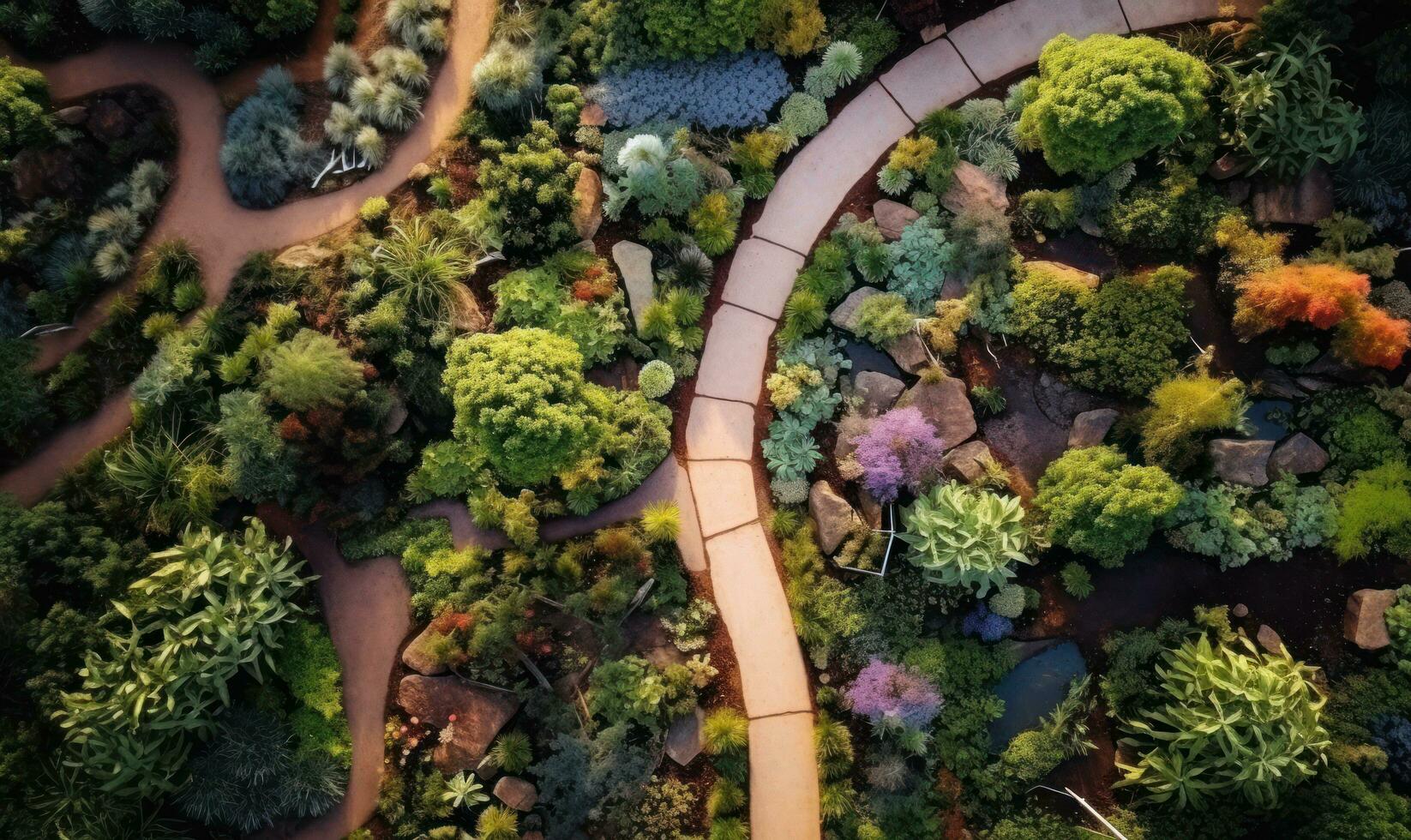 Aerial drone view from the top of a garden path photo