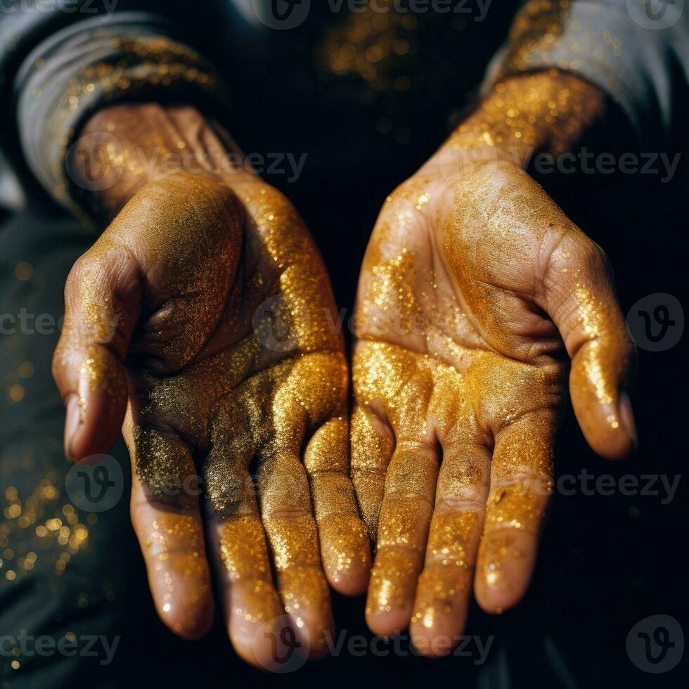 Hands dipped in gold glitter, drenched in gold gitter, AI Generated photo