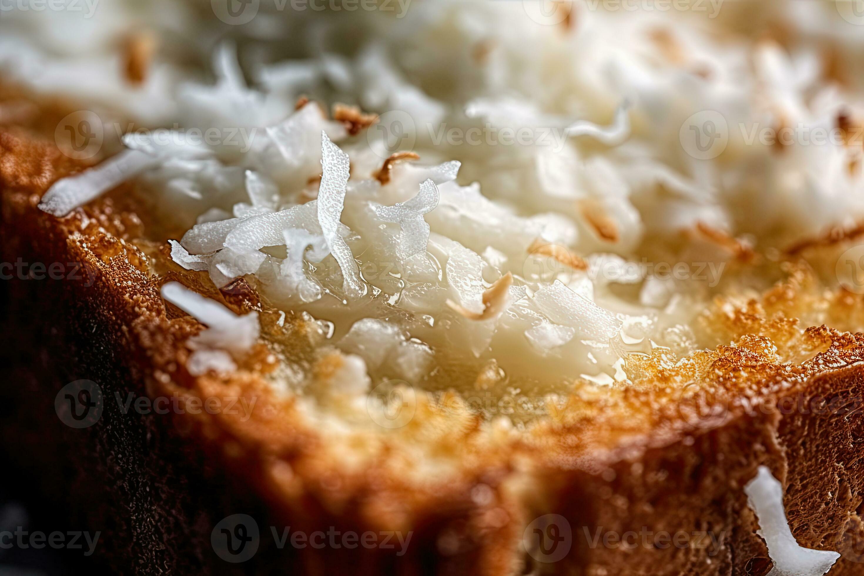 Coconut toast, macro shot of a fresh breakfast with Dripping Honey, AI