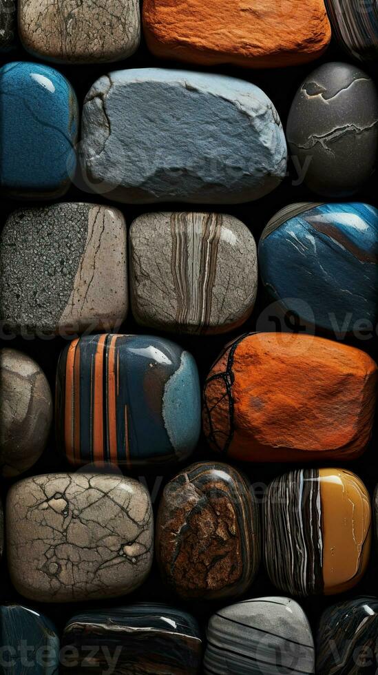 A collection of different colored stones including one that is made of stone photo