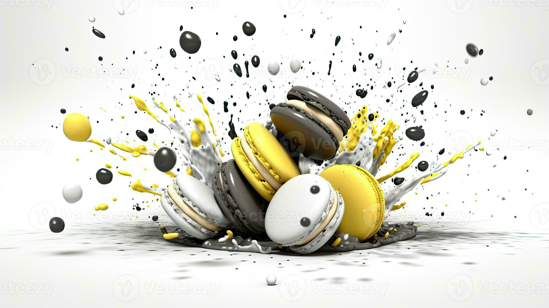 Explosion from macarons, black and white, one is color yellow, white background AI Generated photo