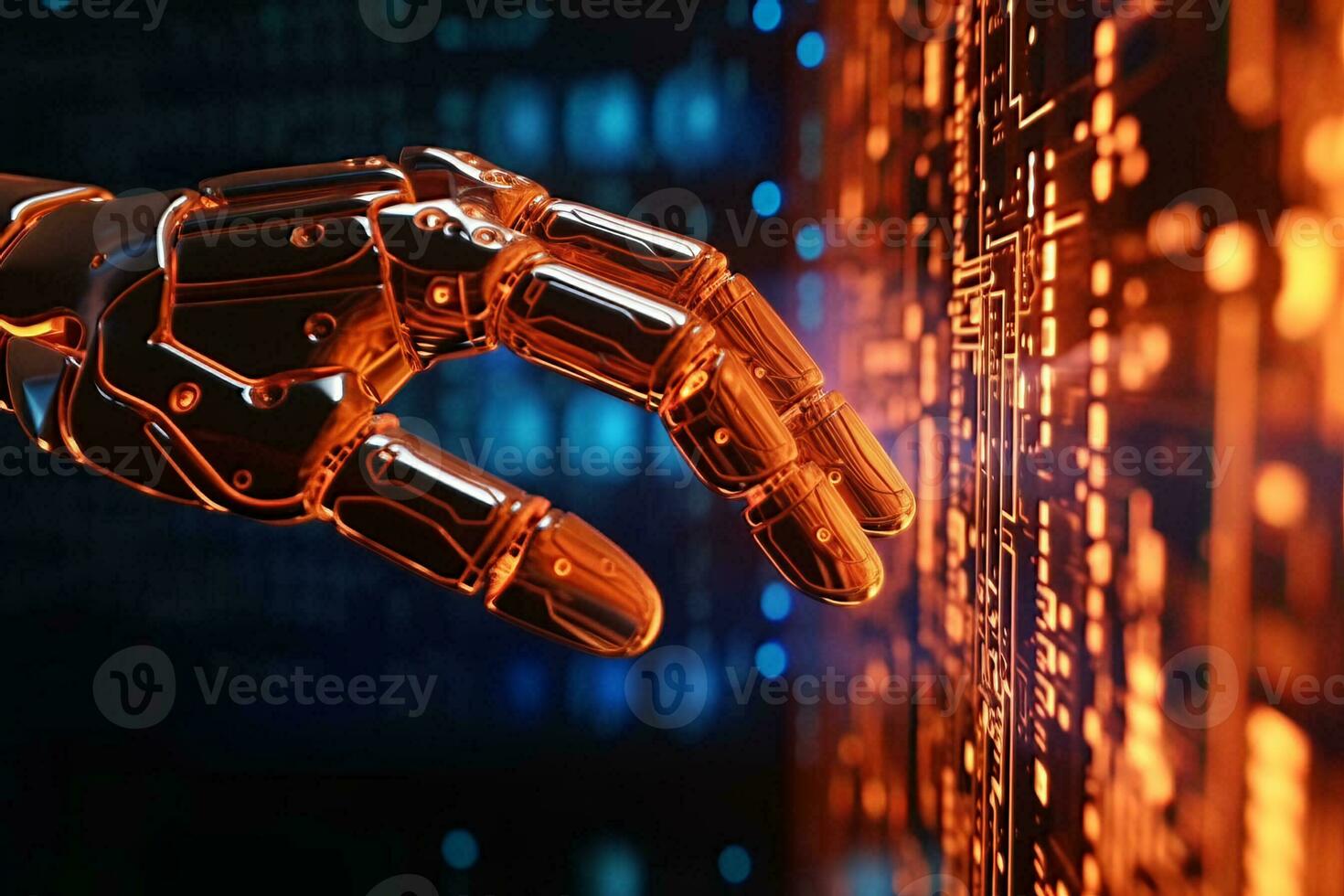 Hands of Robot Touhcing Coding Monitor, Generative AI photo