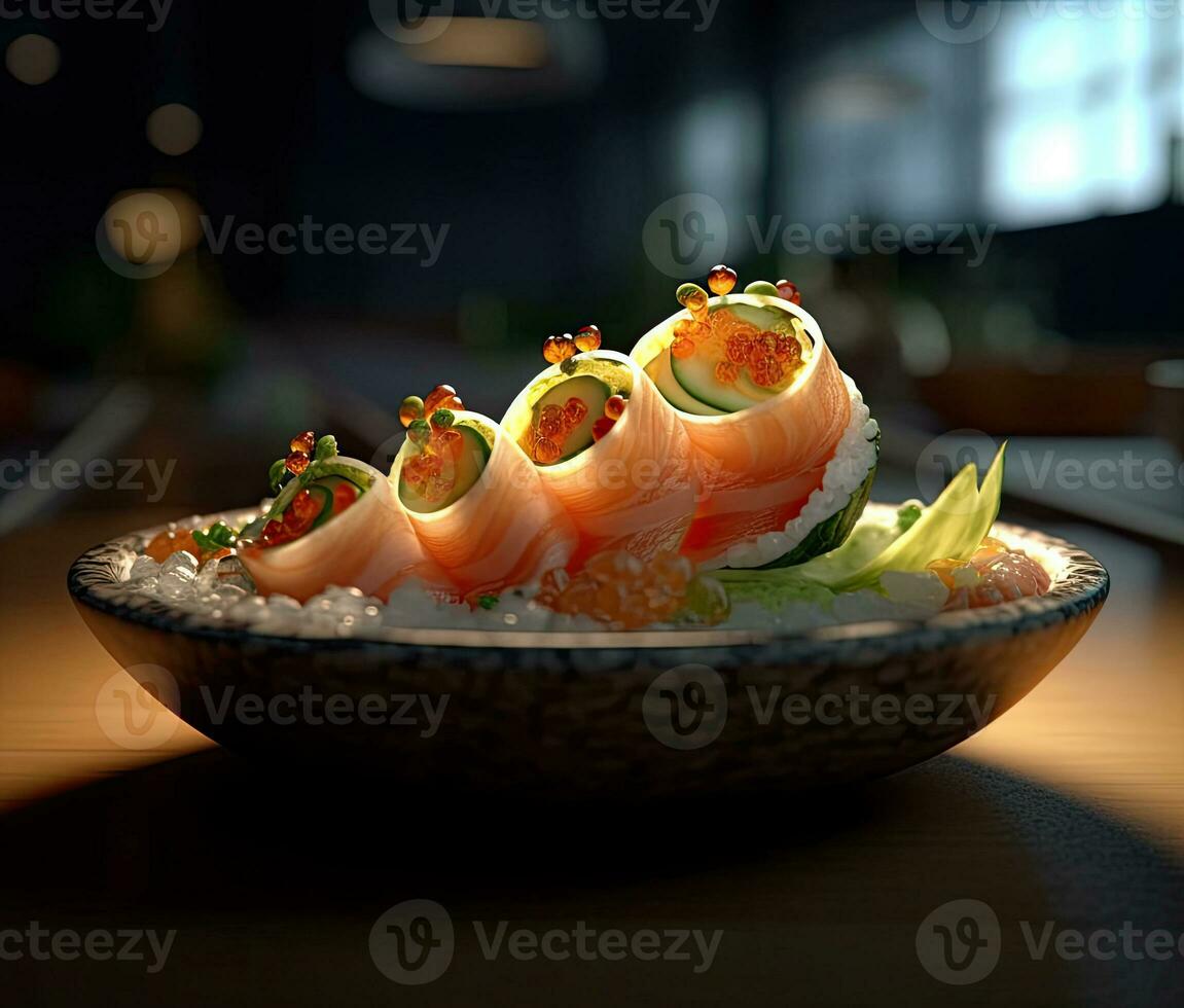 A plate of sushi with a green leaf on top photo