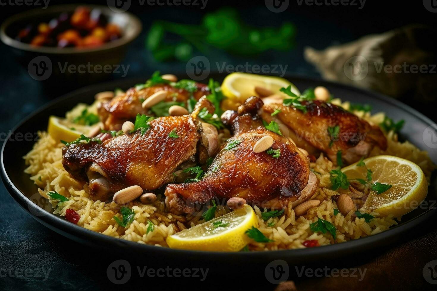 Plate of chicken with lemon and garlic on top, Generative AI photo