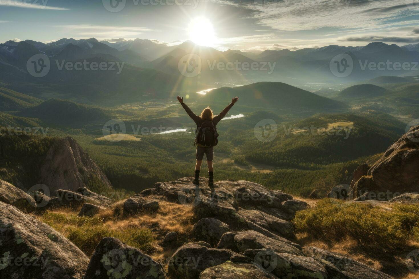 An inspiring shot of a hiker standing on a mountain top Generative AI photo