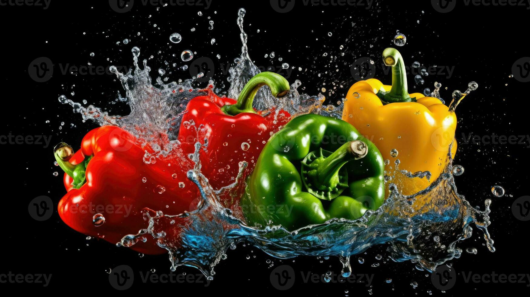 Bell peppers splashing in the water, AI Generated photo