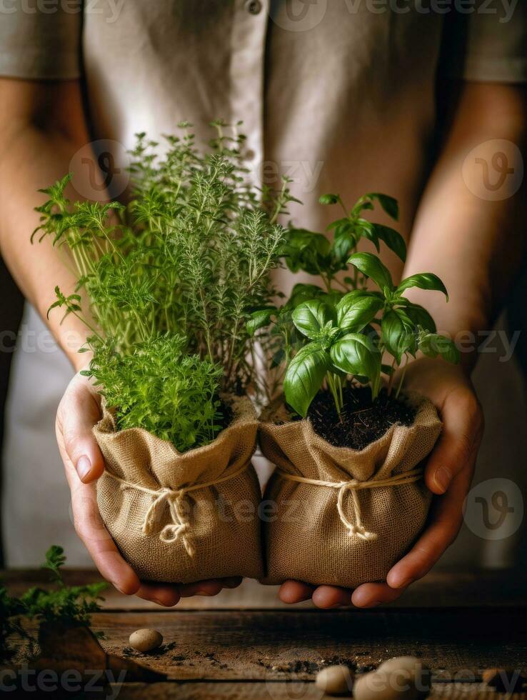 Person Holding a pot of herbs, Sustainability Generative AI photo