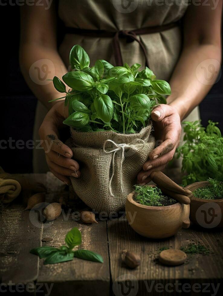 Person Holding a pot of herbs, Sustainability Generative AI photo