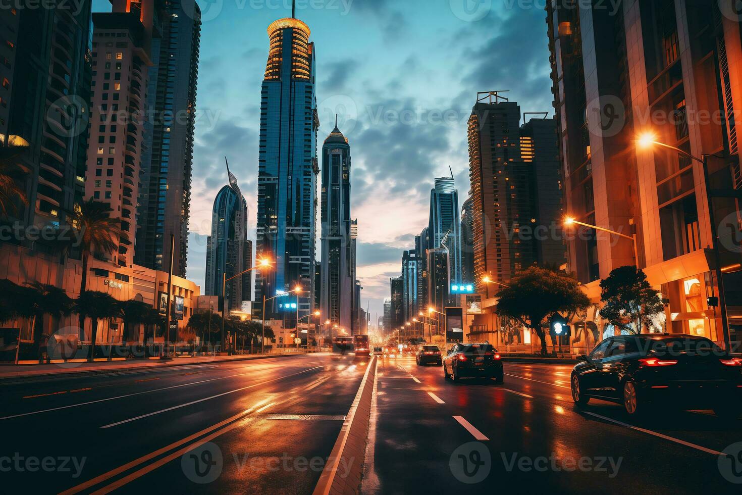 Dubai Downtown and Skyline of Dubai at Sunset Time - Generative AI photo