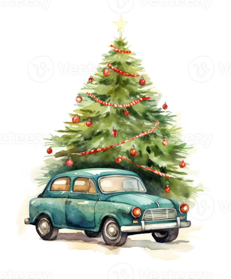 Retro car with Christmas tree png