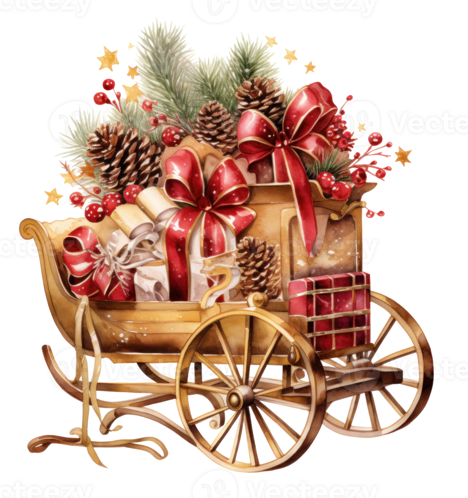Christmas sleigh with presents, wreath and tree png