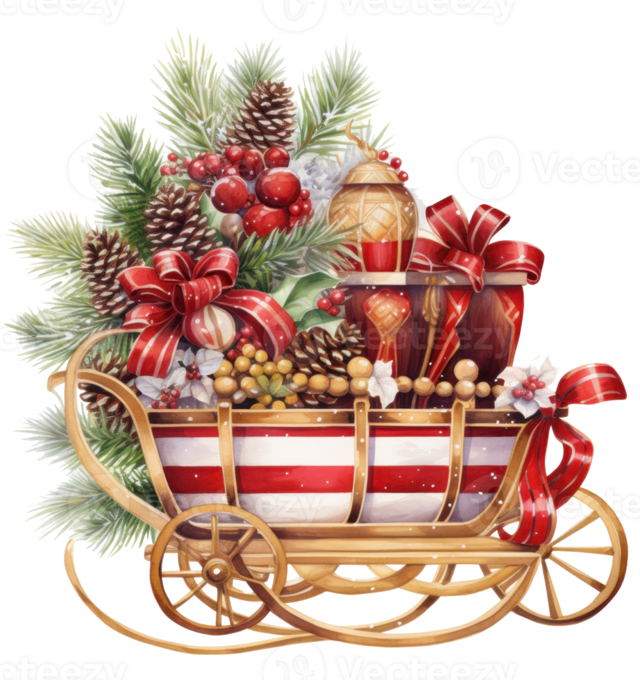 Christmas sleigh with presents, wreath and tree png