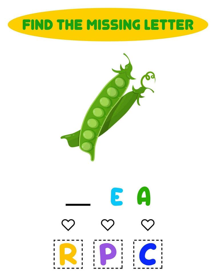 find the missing letter. Teaching children. Worksheet. Vegetable Green peas. vector